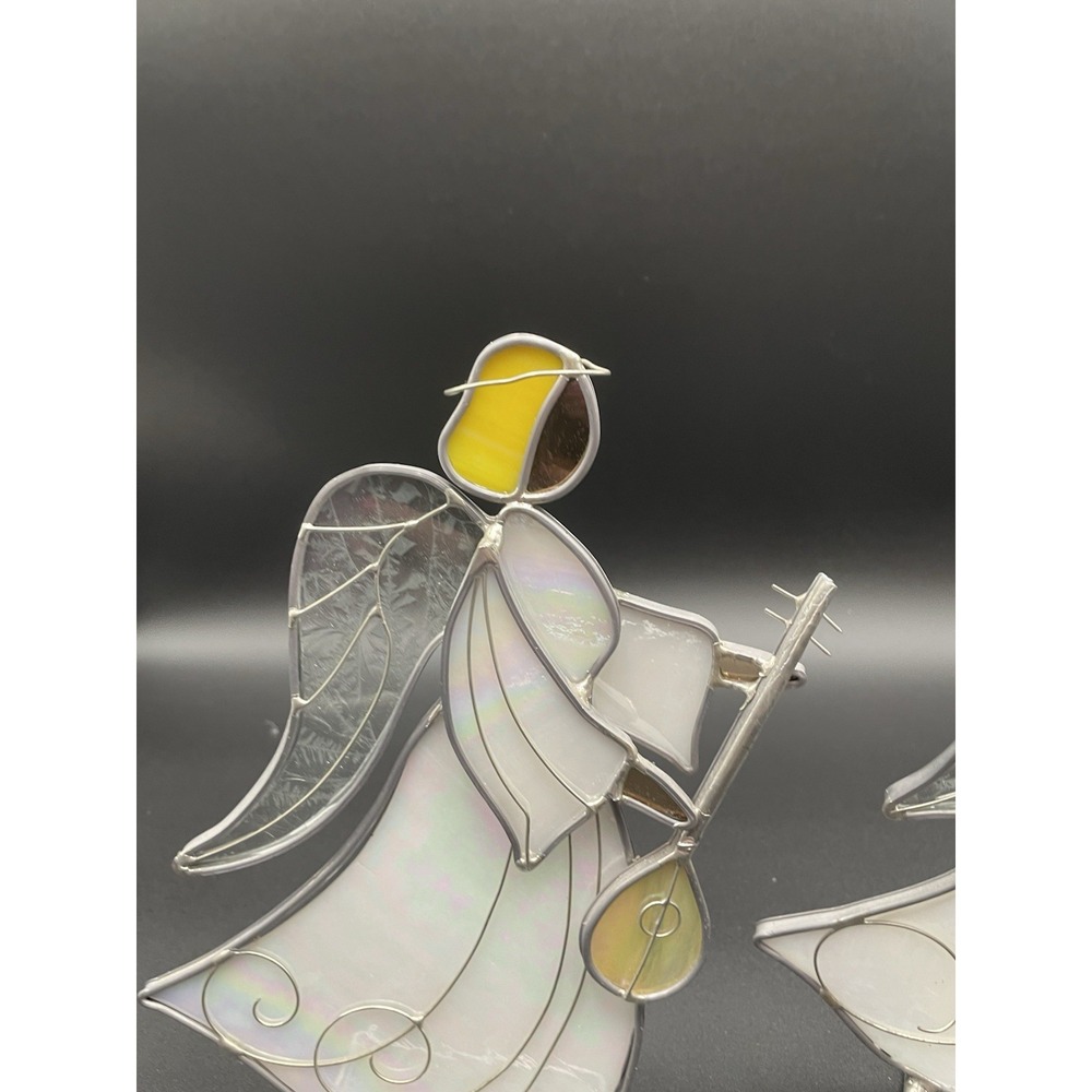 Vintage Stained Glass Angels With Instruments Set Of Two - Picture 9 of 14